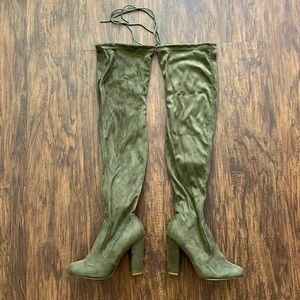 Faux Suede Olive Green Over the Knee Boots